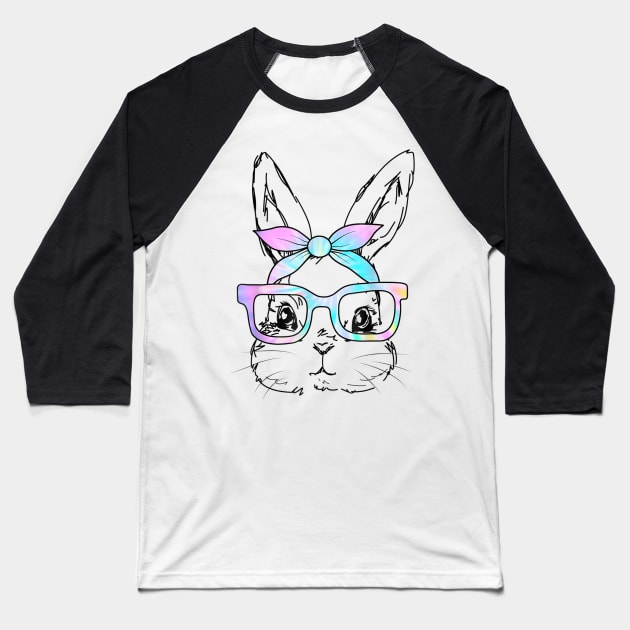 Cute Bunny Rabbit Face Tie Dye Glasses Girl Happy Easter Day Baseball T-Shirt by Jennifer Wirth